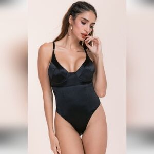 Black Satin Deep V Bustier Sleeveless Bodysuit Adjustable Straps.Size M